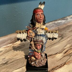 Indian totem pole 12 inch unique statue features, birds, wolves, And People